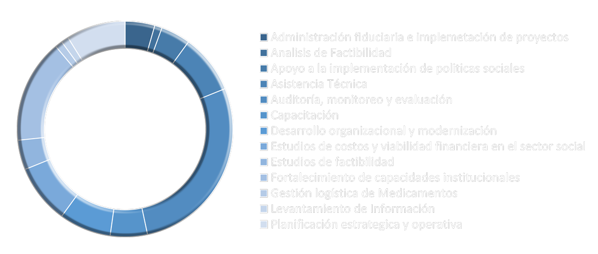 Administración fiduciaria y ejecución de proyectos Asistencia Técnica de apoyo a la implementación Auditoría, monitoreo y evaluación Capacitación y desarrollo de habilidades Desarrollo organizacional y modernización Diagnósticos y Estudios Sectoriales Diseño e implementación de politicas sociales Estudios de costos y viabilidad financiera Estudios de factibilidad/ Planes de Negocio Fortalecimiento de capacidades institucionales Gestión logística de Medicamentos Investigación y analisis de datos Levantamiento y/o procesamiento de información Planificación estrategica y operativa